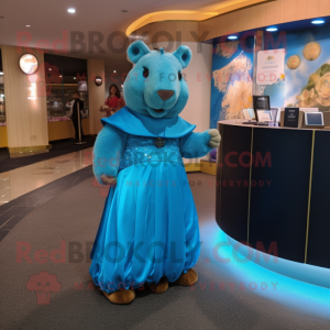 Blue Capybara mascot costume character dressed with a Evening Gown and Wallets