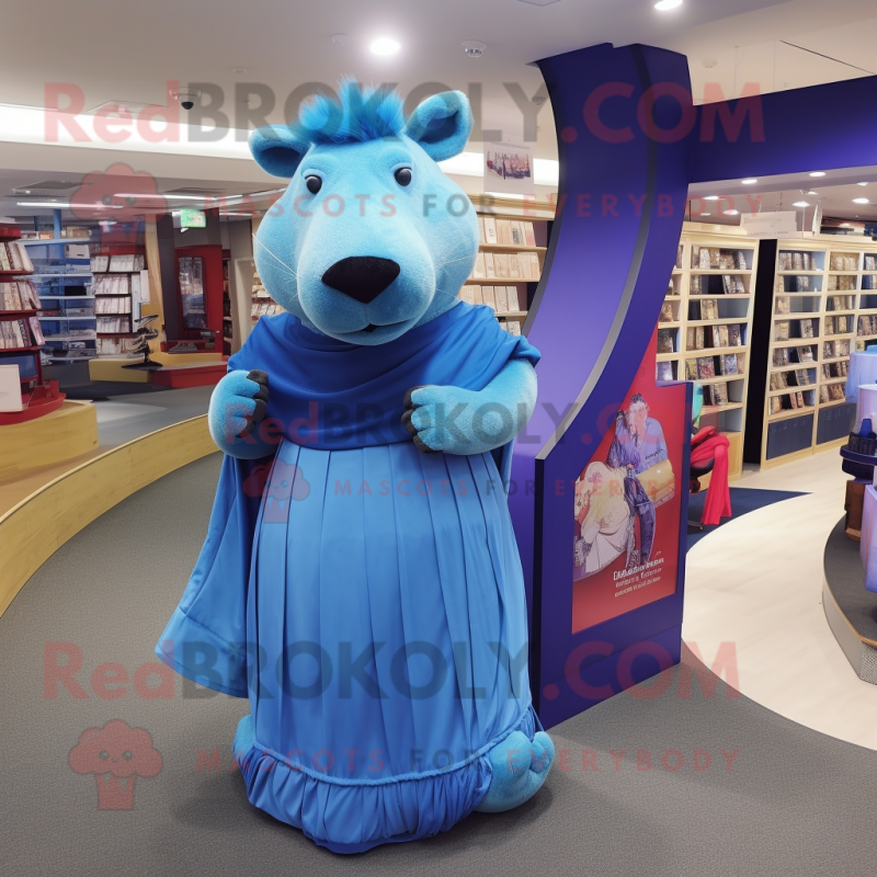 Blue Capybara mascot costume character dressed with a Evening Gown and Wallets