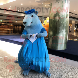 Blue Capybara mascot costume character dressed with a Evening Gown and Wallets