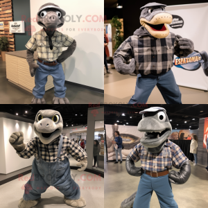 Gray Titanoboa mascot costume character dressed with a Flannel Shirt and Cummerbunds