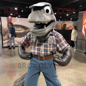 Gray Titanoboa mascot costume character dressed with a Flannel Shirt and Cummerbunds