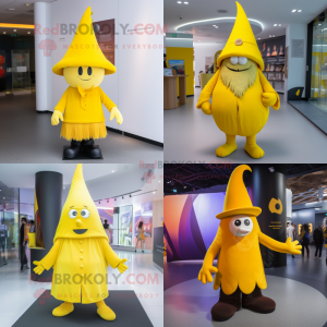 Yellow Witch'S Hat mascot costume character dressed with a Trousers and Beanies