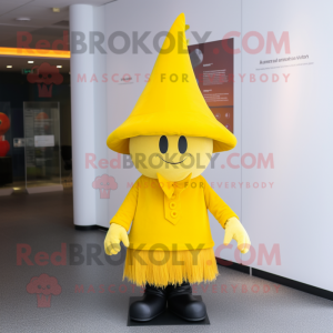Yellow Witch'S Hat mascot costume character dressed with a Trousers and Beanies