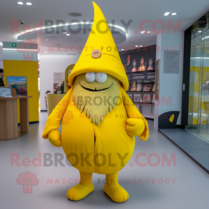 Yellow Witch'S Hat mascot costume character dressed with a Trousers and Beanies