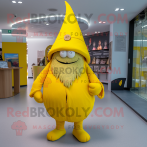 Yellow Witch'S Hat mascot costume character dressed with a Trousers and Beanies