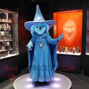 Sky Blue Witch'S Hat mascot costume character dressed with a Bodysuit and Necklaces