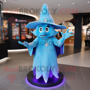 Sky Blue Witch'S Hat mascot costume character dressed with a Bodysuit and Necklaces