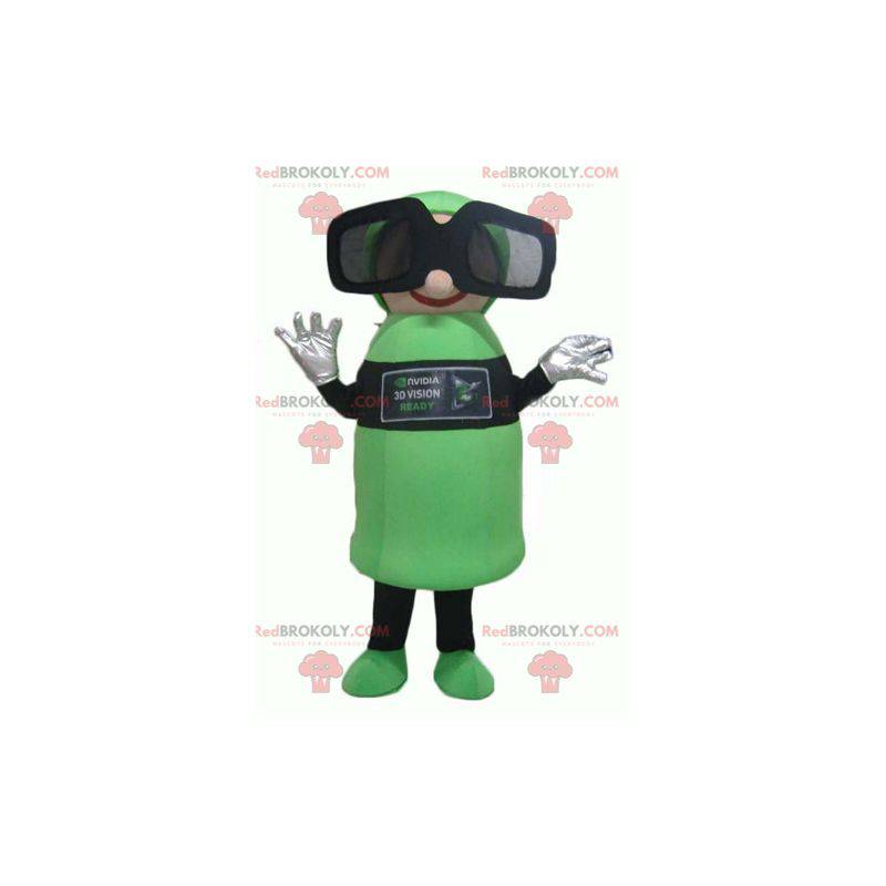 Mascotte de bonhomme vert et noir avec des lunettes 3D -