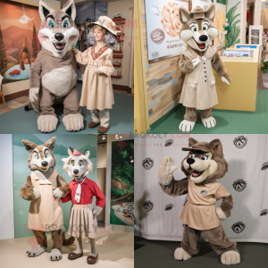 Tan Say Wolf mascot costume character dressed with a Midi Dress and Cummerbunds