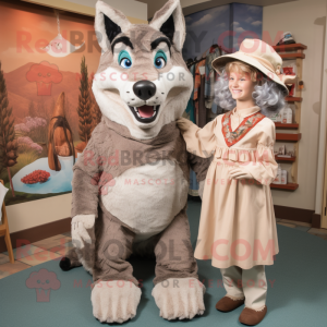 Tan Say Wolf mascot costume character dressed with a Midi Dress and Cummerbunds