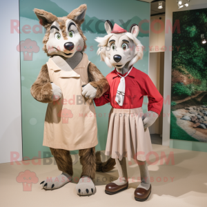 Tan Say Wolf mascot costume character dressed with a Midi Dress and Cummerbunds