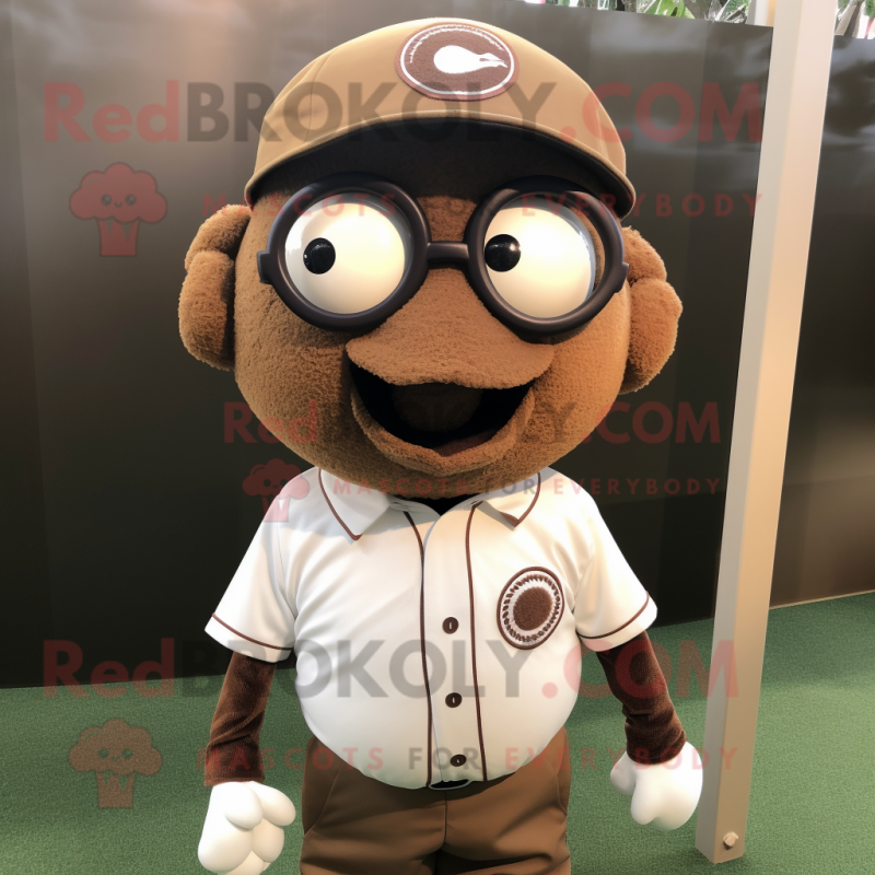 Brown Baseball Ball mascot costume character dressed with a Polo Shirt and Eyeglasses Brown Baseball Ball mascot costume character dressed with a Polo Shirt and Eyeglasses