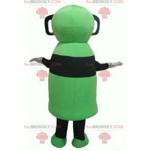 Mascotte de bonhomme vert et noir avec des lunettes 3D -