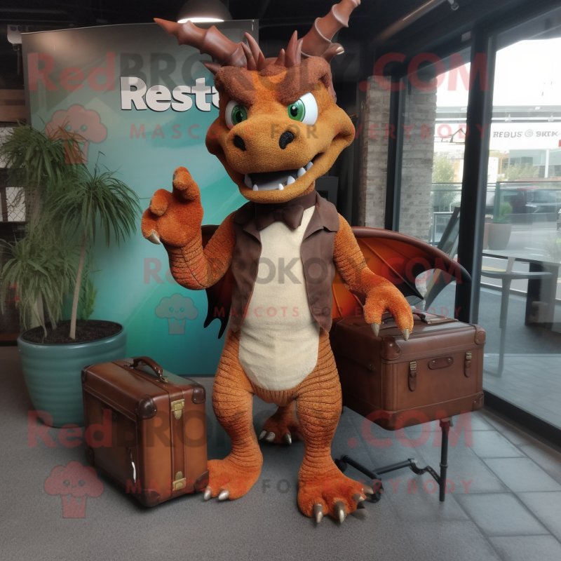 Rust Dragon mascot costume character dressed with a Capri Pants and Briefcases