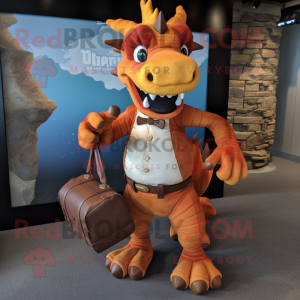 Rust Dragon mascot costume character dressed with a Capri Pants and Briefcases