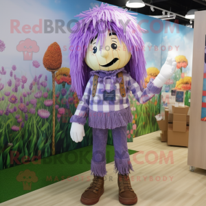 Lavender Scarecrow mascot costume character dressed with a Leggings and Hair clips