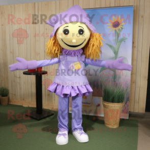 Lavender Scarecrow mascot costume character dressed with a Leggings and Hair clips