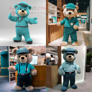 Teal Teddy Bear mascot costume character dressed with a Chinos and Belts