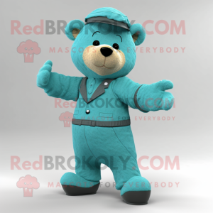 Teal Teddy Bear mascot costume character dressed with a Chinos and Belts