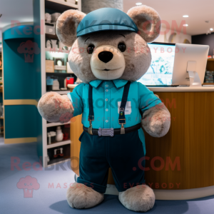 Teal Teddy Bear mascot costume character dressed with a Chinos and Belts