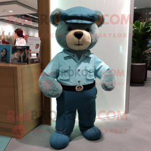 Teal Teddy Bear mascot costume character dressed with a Chinos and Belts