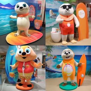 Peach Seal mascot costume character dressed with a Board Shorts and Anklets