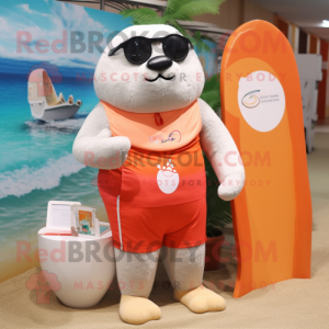 Peach Seal mascot costume character dressed with a Board Shorts and Anklets