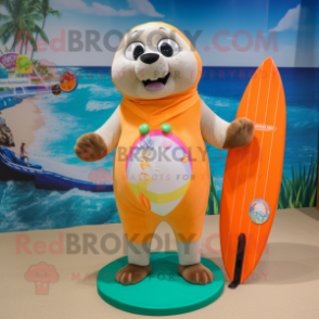 Peach Seal mascot costume character dressed with a Board Shorts and Anklets