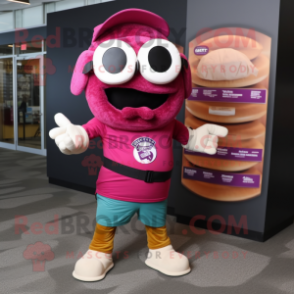 Magenta Bagels mascot costume character dressed with a Cargo Shorts and Reading glasses