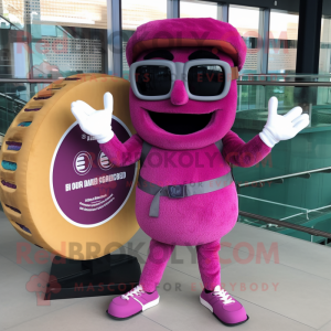 Magenta Bagels mascot costume character dressed with a Cargo Shorts and Reading glasses