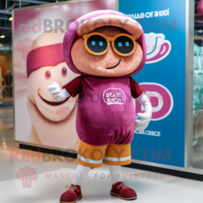Magenta Bagels mascot costume character dressed with a Cargo Shorts and Reading glasses