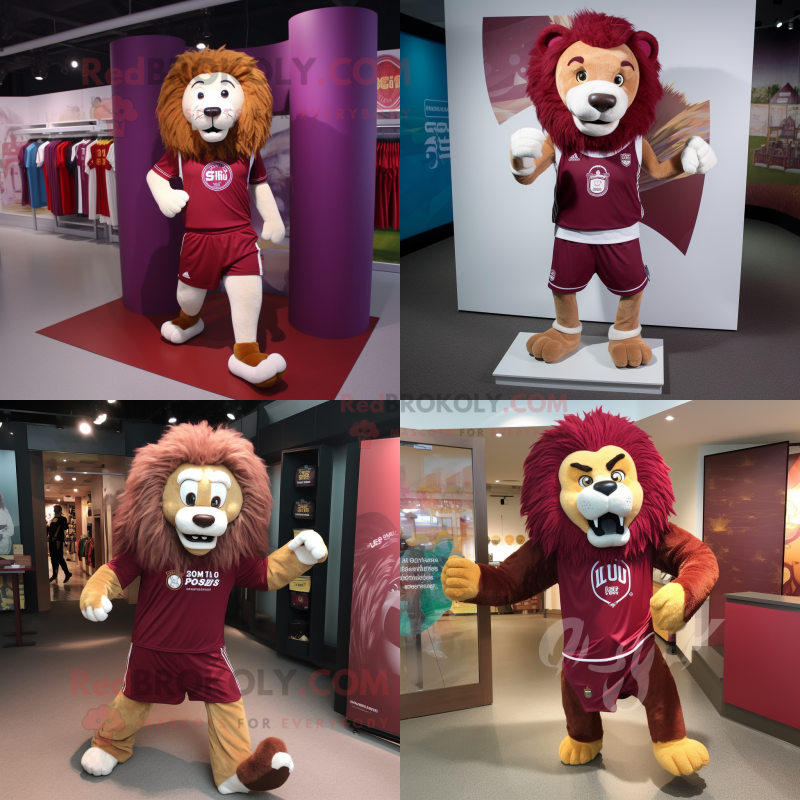 Maroon Lion mascot costume character dressed with a Running Shorts and Shawl pins