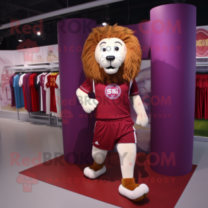 Maroon Lion mascot costume character dressed with a Running Shorts and Shawl pins