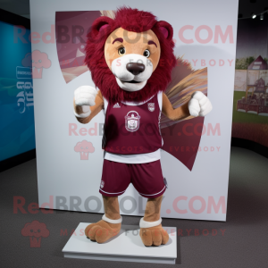 Maroon Lion mascot costume character dressed with a Running Shorts and Shawl pins