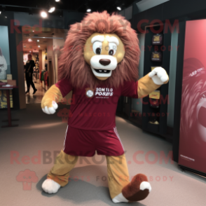 Maroon Lion mascot costume character dressed with a Running Shorts and Shawl pins