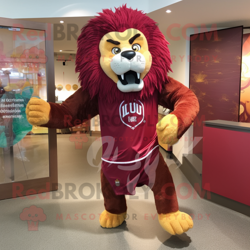 Maroon Lion mascot costume character dressed with a Running Shorts and Shawl pins