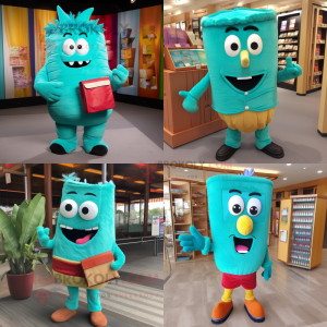 Turquoise Lasagna mascot costume character dressed with a Corduroy Pants and Clutch bags