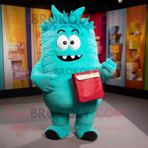 Turquoise Lasagna mascot costume character dressed with a Corduroy Pants and Clutch bags