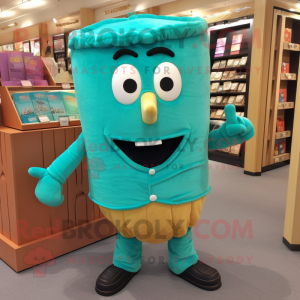 Turquoise Lasagna mascot costume character dressed with a Corduroy Pants and Clutch bags