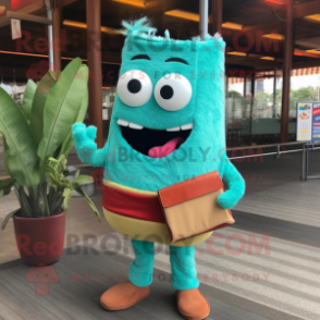 Turquoise Lasagna mascot costume character dressed with a Corduroy Pants and Clutch bags