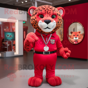 Red Jaguar mascot costume character dressed with a Polo Tee and Necklaces