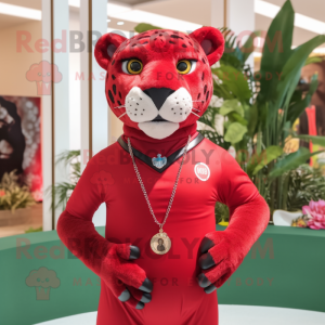 Red Jaguar mascot costume character dressed with a Polo Tee and Necklaces