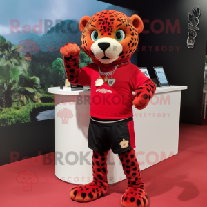 Red Jaguar mascot costume character dressed with a Polo Tee and Necklaces