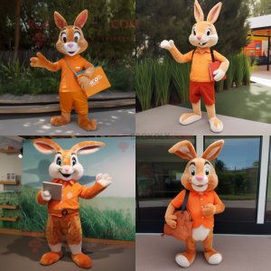 Orange Wild Rabbit mascot costume character dressed with a Henley Tee and Clutch bags