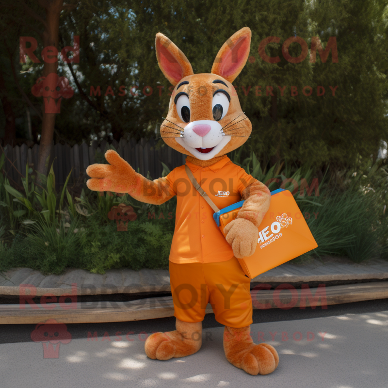 Orange Wild Rabbit mascot costume character dressed with a Henley Tee and Clutch bags