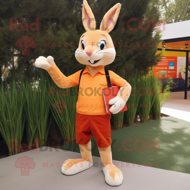 Orange Wild Rabbit mascot costume character dressed with a Henley Tee and Clutch bags