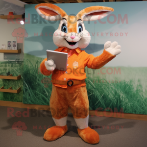 Orange Wild Rabbit mascot costume character dressed with a Henley Tee and Clutch bags