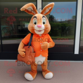 Orange Wild Rabbit mascot costume character dressed with a Henley Tee and Clutch bags