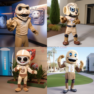 Tan American Football Helmet mascot costume character dressed with a Bodysuit and Scarves