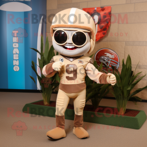 Tan American Football Helmet mascot costume character dressed with a Bodysuit and Scarves